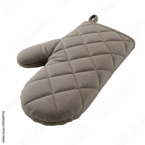 Quilted taupe oven mitt ready for baking