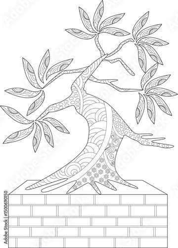 Stylized Bonsai Tree Line Art for Coloring, Detailed black and white line art illustration of a miniature bonsai tree with intricate patterns on the leaves and trunk, set in a rectangular pot with a 