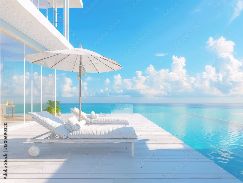 Obraz premium A tranquil and luxurious poolside scene with sun loungers, parasol, and an expansive ocean view