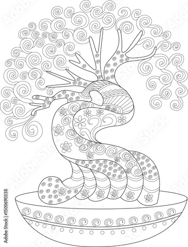 Abstract Stylized Bonsai Tree Line Art Illustration, Detailed black and white line art drawing of a stylized bonsai tree in a decorative pot, featuring intricate patterns, swirls, and floral 