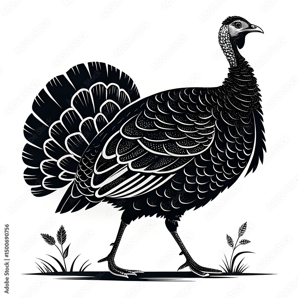 Naklejka premium a black and white drawing of a turkey with a silhouette and white background.