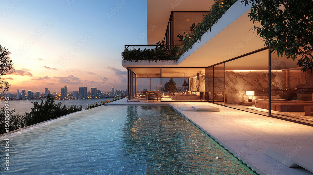 Fototapeta premium Modern villa with a private rooftop infinity pool overlooking the Miami skyline in Florida