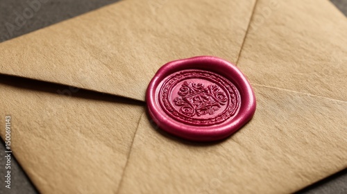Brown envelope with a crimson wax seal, featuring an ornate design, suggesting secrecy, tradition, and authenticity