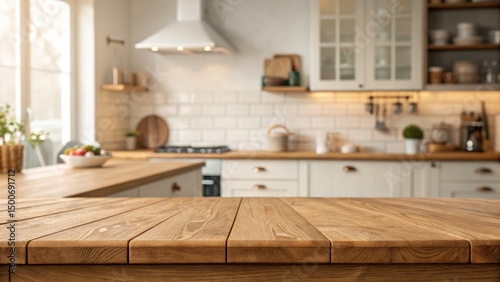 Rustic Kitchen Wood Tabletop with Blurred Background, Kitchen Design, Interior Design