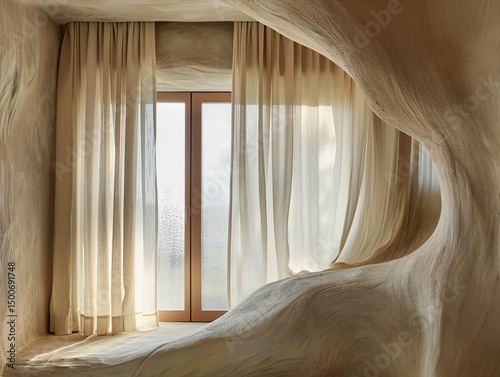 A striking minimalist interior resembling a cave, with elegant drapes and organic forms, soothing neutral tones