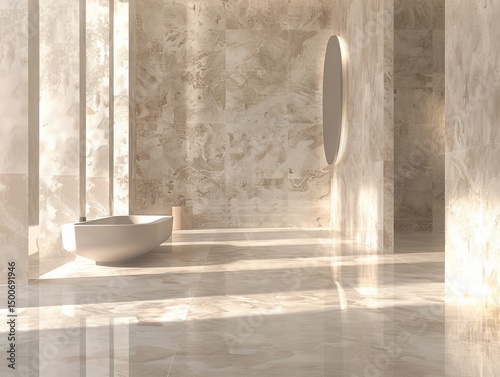 Peaceful and contemporary bathroom decor with circular mirror and minimal furnishings under soft lighting