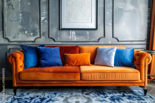 Luxurious interior featuring an orange velvet sofa with blue cushions against detailed wall paneling