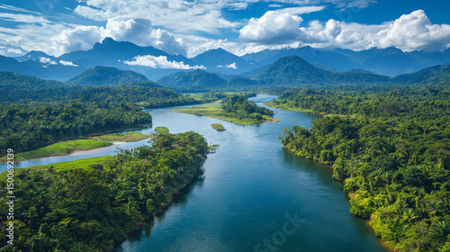 River in rainforest, drone view