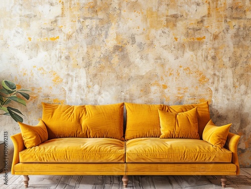 A vibrant yellow sofa with textured cushions set against a rustic textured wall with a hint of peeling paint and a potted plant
