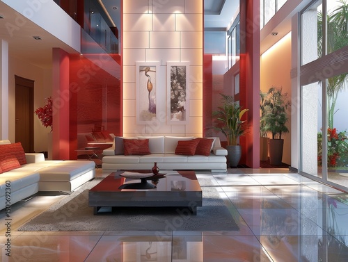 Contemporary living room boasts red walls, modern furniture, and floor-to-ceiling windows with a serene view