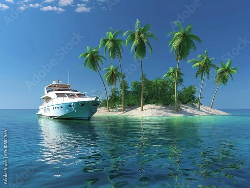 A stunning white boat floats on clear water near an island with lush palm trees under a blue sky