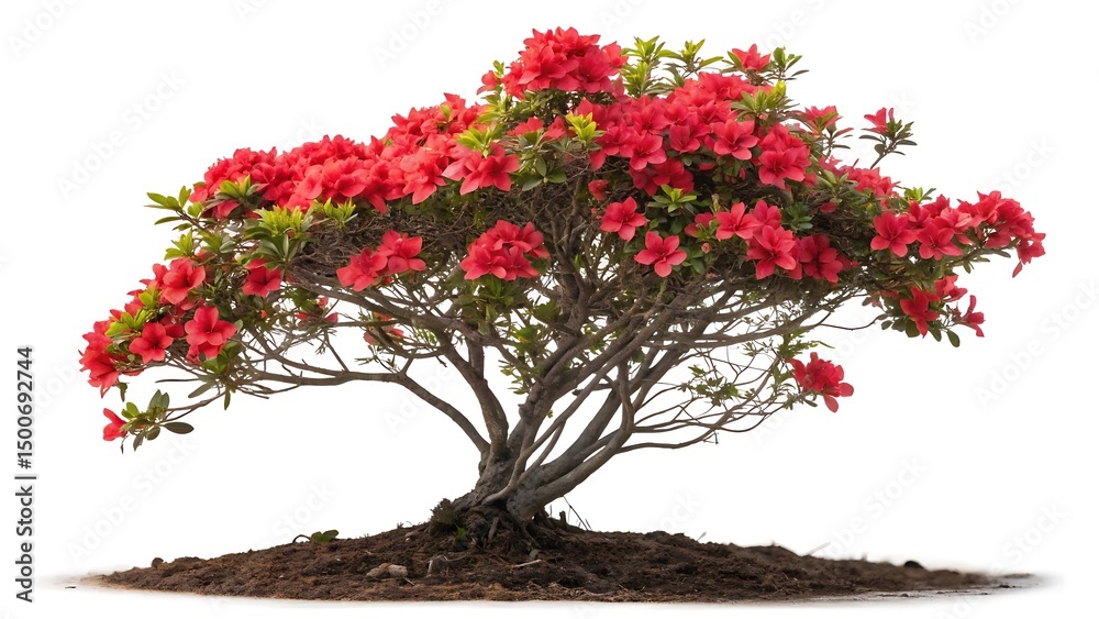 Fototapeta premium Vibrant Red Azalea Bonsai: Stunning Blooming Shrub Isolated