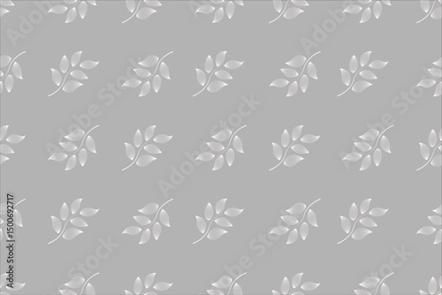 Abstract seamless pattern design of stylized leaves in white outlines on white background, can be used for background, textiles, wrapping paper and other decorative purposes.