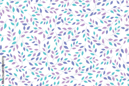 Abstract leaves seamless pattern design in teal and purple colors on white background, can be used for background, textiles, wrapping paper and other decorative purposes.