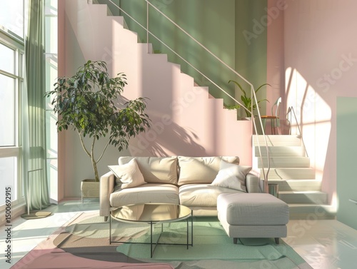 A cozy living space featuring a beige sofa, pastel-colored walls, and a modern staircase, depicting comfort and contemporary design