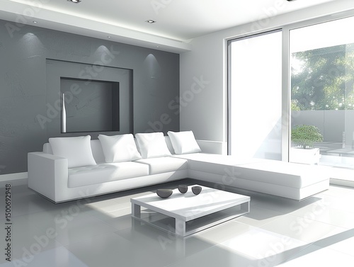 A stylish and contemporary living room featuring a modern white sofa set, large windows providing natural light, and minimal decor