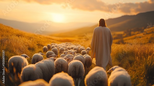 Jesus, the Shepherd: Leading His Flock in Serene Meadow with Faith and Care - Biblical Illustration on Beige Background with Copyspace