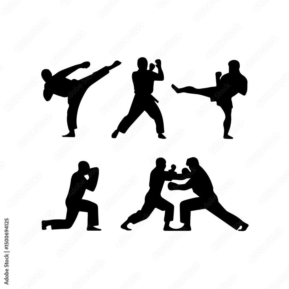 Fototapeta premium Silhouettes of men and women performing martial arts moves and fighting stances, captured mid-action to emphasize strength, technique, and discipline on a white background.