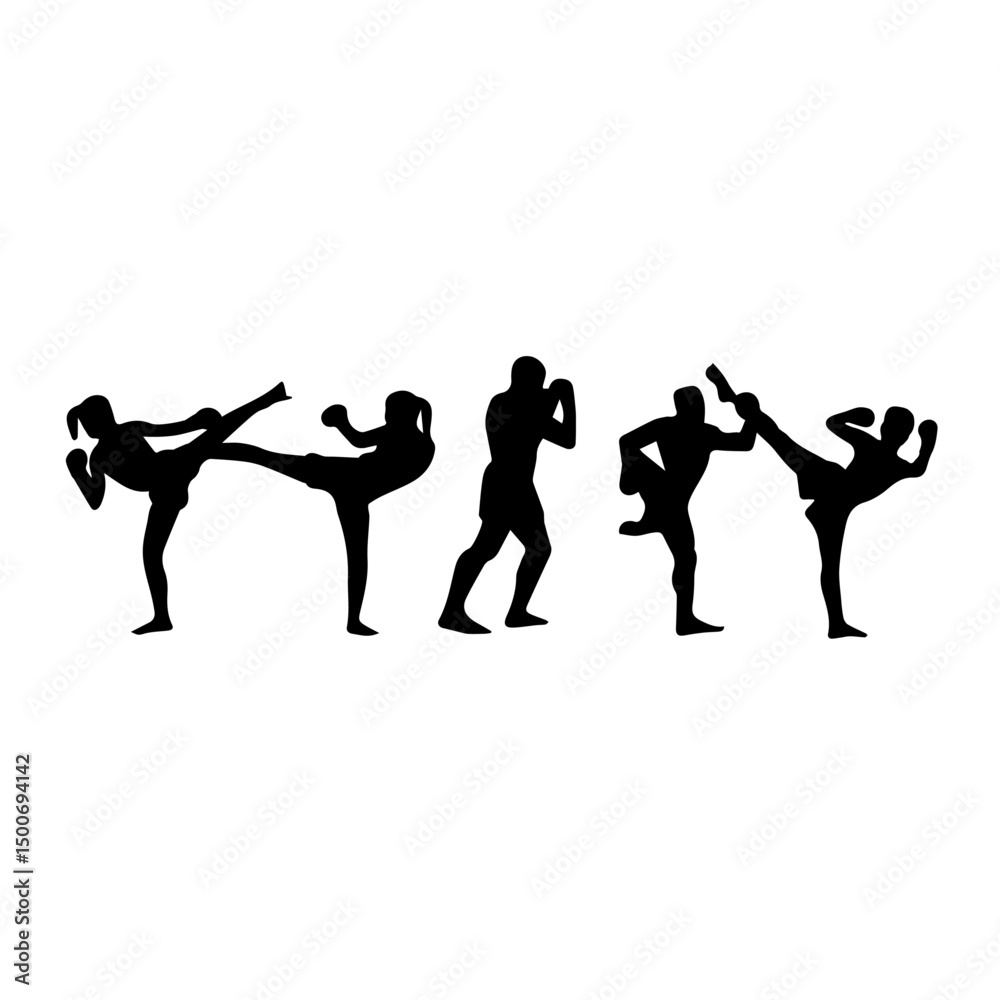 Obraz premium Silhouettes of men and women performing martial arts moves and fighting stances, captured mid-action to emphasize strength, technique, and discipline on a white background.