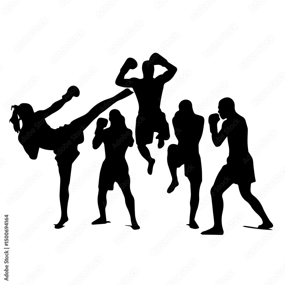 Fototapeta premium Silhouettes of men and women performing martial arts moves and fighting stances, captured mid-action to emphasize strength, technique, and discipline on a white background.