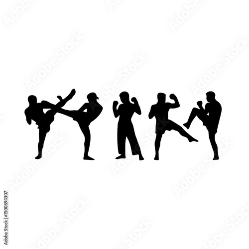 Silhouettes of men and women performing martial arts moves and fighting stances, captured mid-action to emphasize strength, technique, and discipline on a white background.