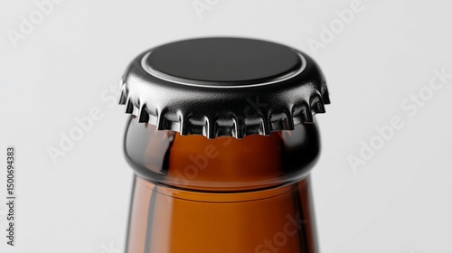 Close-up of bottle cap and neck, showcasing a dark brown glass bottle with a black and silver crown cap Mockup for branding and design