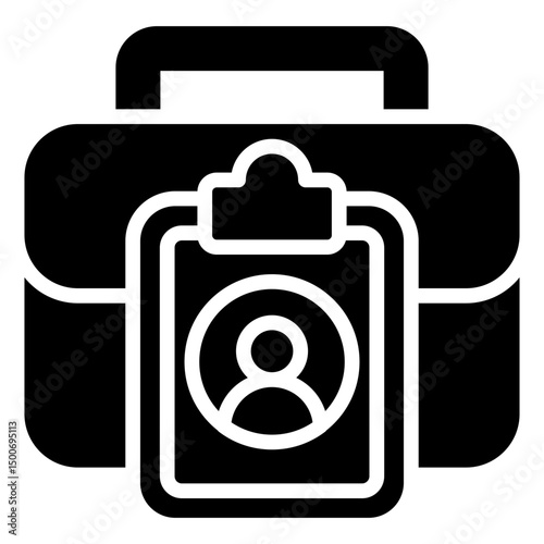 Professional Profile - Glyph Black Fill Silhouette Icon - Briefcase with clipboard and profile icon, representing employee identity, portfolio, or work credentials