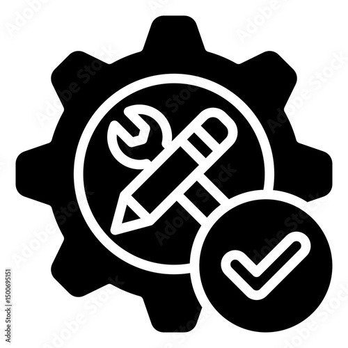 Skill Validation - Glyph Black Fill Silhouette Icon - Gear, tools, and checkmark symbolizing validated professional or technical capabilities
