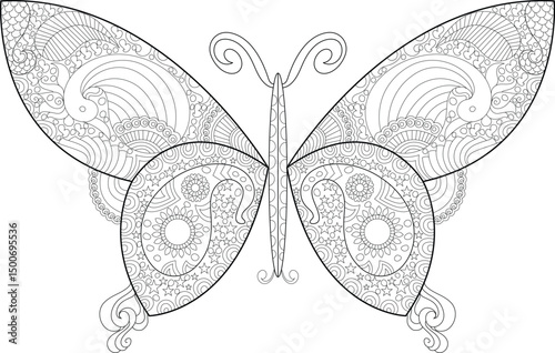 Intricate Butterfly Line Art Illustration, Black and white detailed line art illustration of a butterfly with ornate patterns on its wings and body, perfect for coloring books, design projects, or 