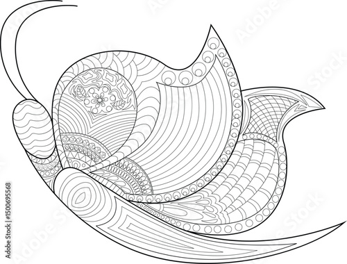 Intricate Abstract Butterfly Line Art, Detailed black and white line drawing of an abstract butterfly or insect, filled with intricate patterns and zentangle-inspired designs. Ideal for coloring 