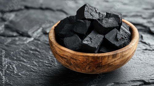 Activated charcoal cubes in a wooden bowl for health and beauty products