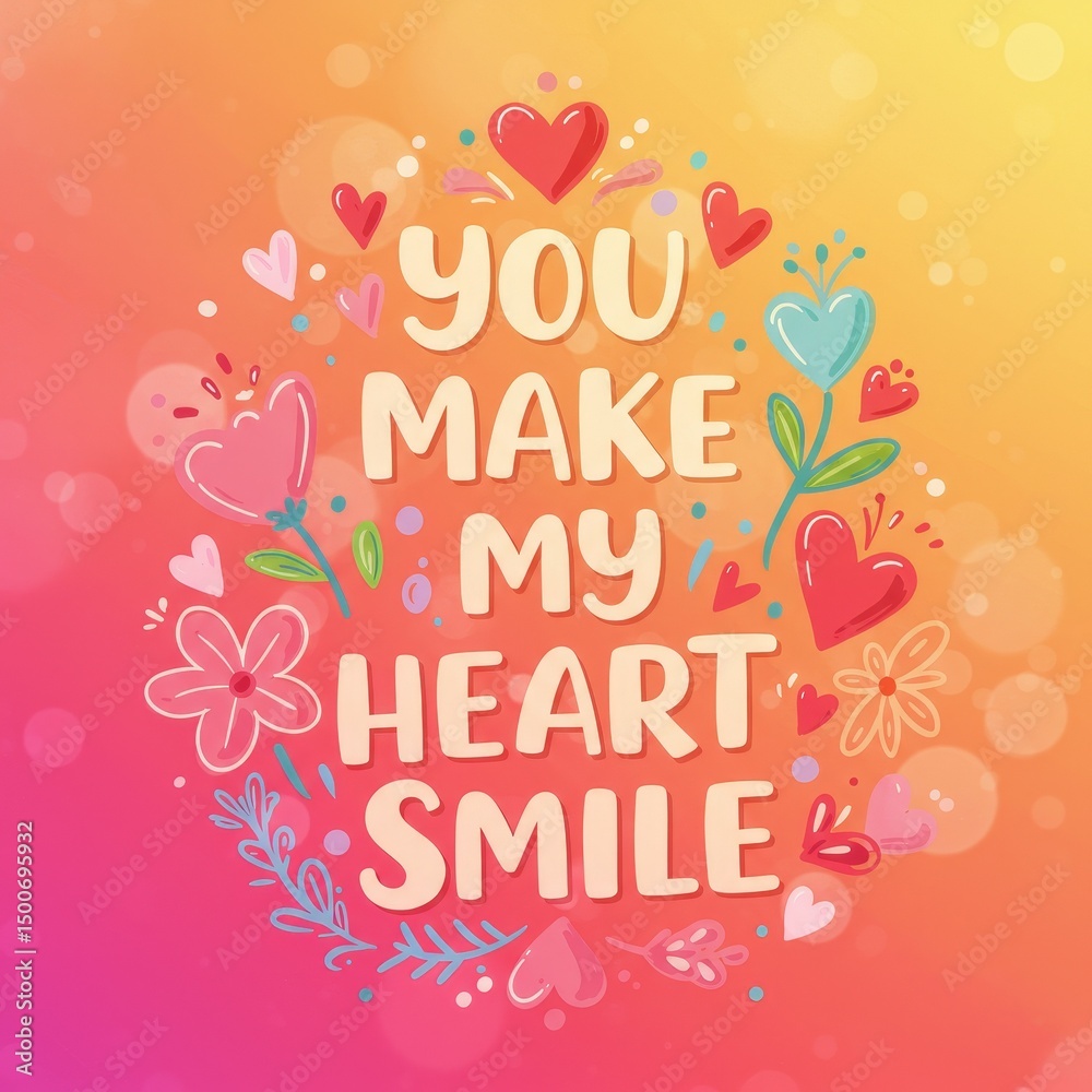 Obraz premium Floral Illustration of You Make My Heart Smile with Pink Orange and Yellow Background