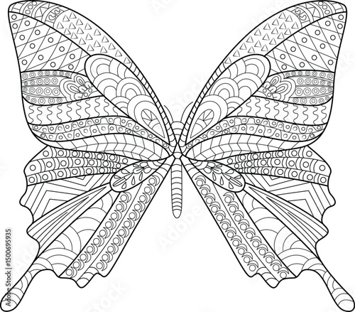 Intricate Detailed Butterfly Line Art, Highly detailed black and white line art illustration of a butterfly, featuring intricate patterns and zentangle-inspired designs on its wings. Perfect for 