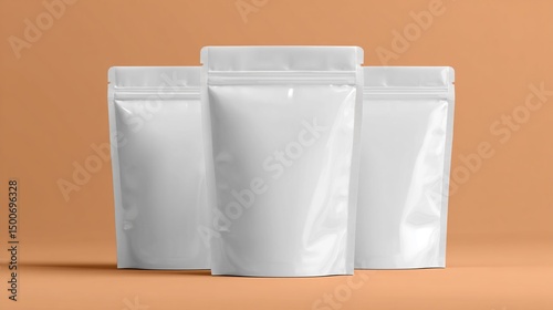 Three blank white stand-up pouches on orange background Mockup for branding or packaging design Free space for text