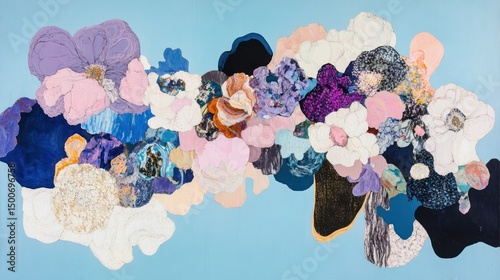 Abstract floral composition on a light blue background.