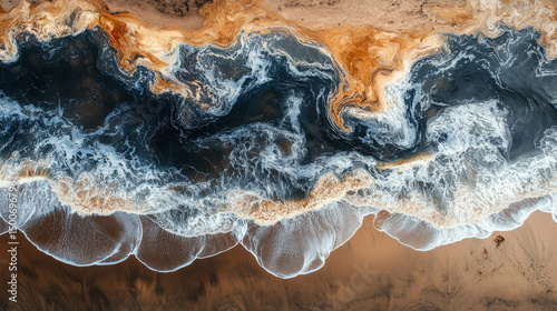 Aerial top view of sea and rocks, ocean blue waves crashing on shore, concept of nature, water, satellite picture