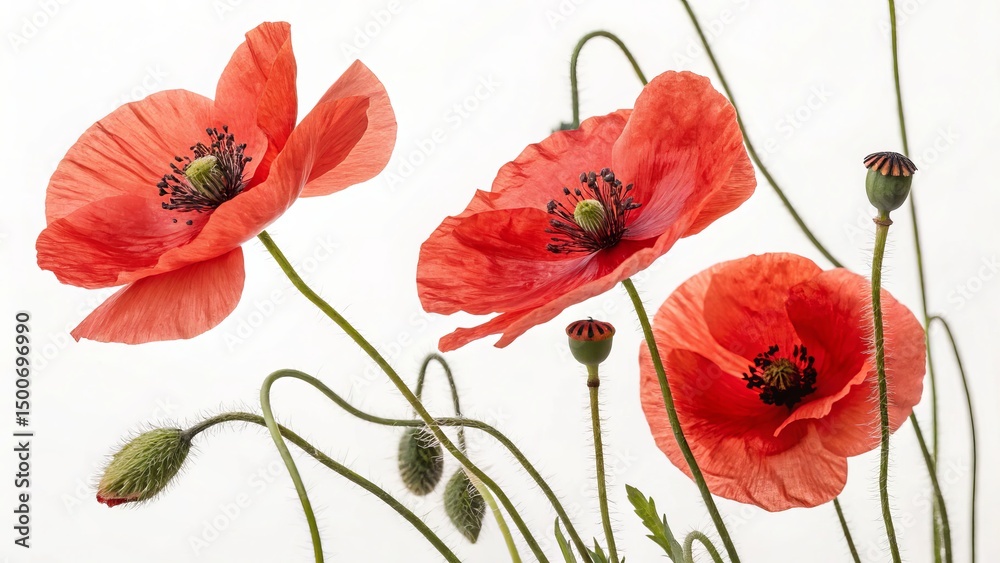 Naklejka premium Three Red Poppies on White Background, Floral Photography, Botanical Art, Poppy Flower, Remembrance Day Poppy, Remembrance