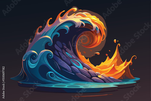 Dynamic illustration of a fire and water wave clash