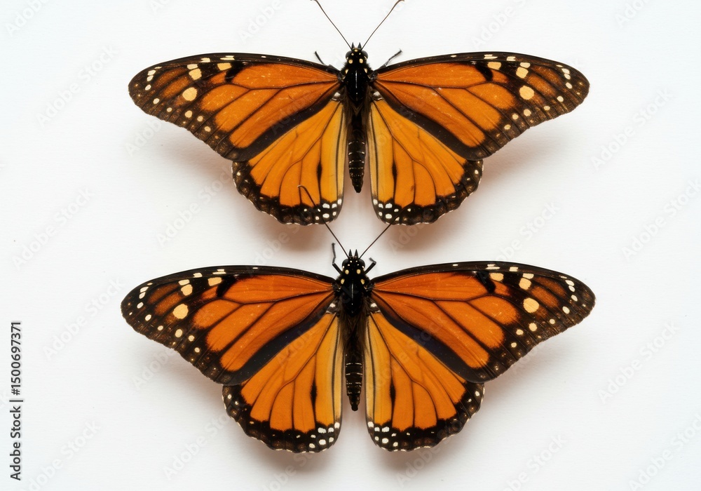 Fototapeta premium Two monarch butterflies displayed on white background