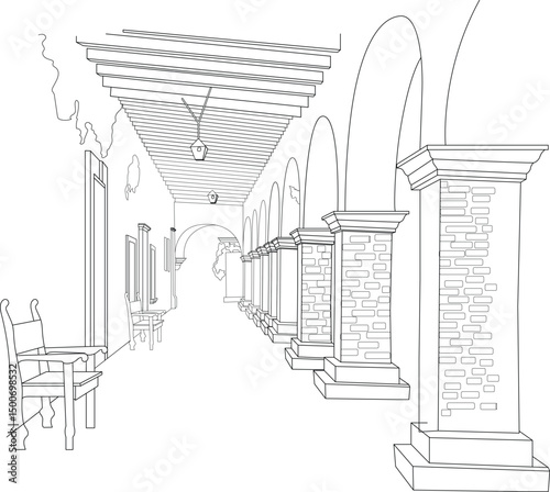 Line Drawing of San Juan Capistrano Mission Arcade, An artistic line drawing illustration depicting the classic Spanish Colonial architecture of the arcade at Mission San Juan Capistrano in 