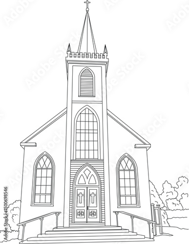 Line Drawing of Saint Teresa of Avila Church, California, Simple black and white line art illustration of Saint Teresa of Avila Church in California. The drawing features the church's facade, 
