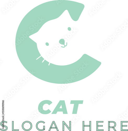 Cat Head Vector Forming Letter C in Soft Pastel Green