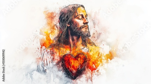 Hand drawn watercolor illustration of Sacred Heart of Jesus on white background