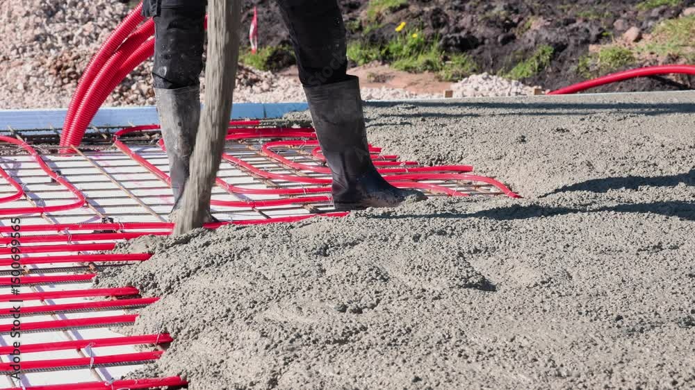 Pouring concrete over underfloor heating system – construction process Video of a construction worker in rubber boots pouring concrete over red underfloor.