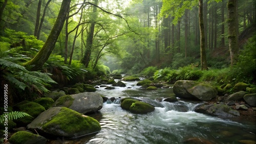 A serene forest stream with crystal-clear water gently flowing over smooth rocks, highlighting nature’s peaceful rhythms.