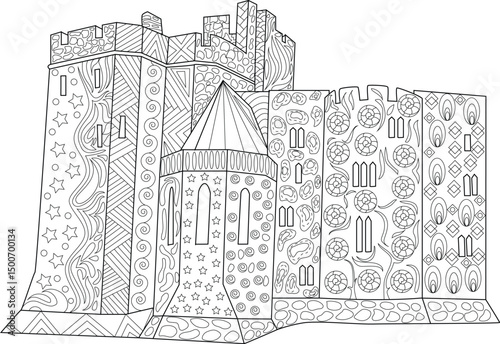 Intricate Line Art Castle with Patterns, Detailed black and white line drawing of a medieval castle featuring intricate patterns and designs on its walls and towers. Ideal for coloring books, 
