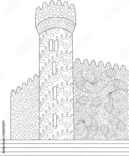 Zentangle Style Castle Tower and Wall Line Art, Detailed line art illustration of a fantasy castle section, featuring a tower and wall adorned with intricate zentangle-inspired patterns. Perfect for 
