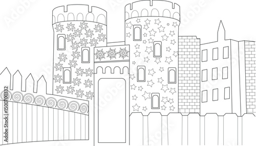 Whimsical Castle Line Art Illustration, Black and white line drawing of a stylized fantasy castle with towers, gate, decorative patterns, and a fence. Perfect as an illustration, coloring book page, 