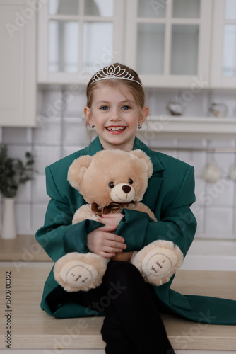  Happy Stylish Girl Hugging Large Teddy Bear Indoors