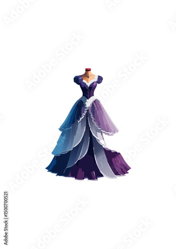 with 2 pairs of high heels, the shoes are blue and purple, In the white room, there is a wardrobe full of women's dresses, a dressing table, and a small pink bed for women. In the white room,